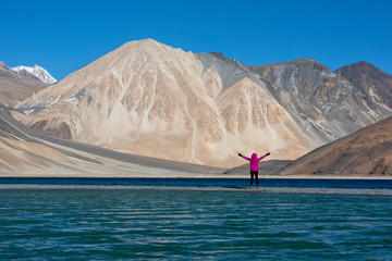 Scenic view of Pangong Lake with mountain in Leh Ladakh, India.