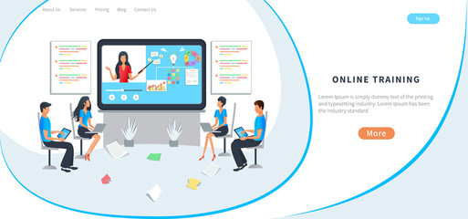 Vector concept online education, business training courses, distance lesson service. E-learning, video tutorials, internet training. Landing page template, can use for web, banner, poster, mobile app