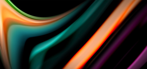 Abstract silk smooth lines on black, multicolored liquid fluid rainbow style waves on black