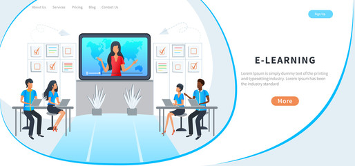 Concept of online education for website and mobile app, training course, e-learning. Students watching video tutorials. Landing page template. Distance education, webinar, professional conference.