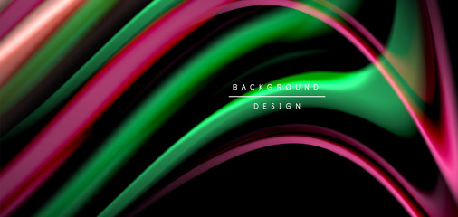 Abstract silk smooth lines on black, multicolored liquid fluid rainbow style waves on black