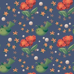 Seamless pattern of cute summer cartoon characters on white background. Great for fabric, textile, wrapping paper, scrapbooking.