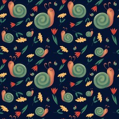 Cute seamless pattern with flowers, snails, leafs and drops. Spring, summer mood. Great for fabric, textile, wrapping paper, scrapbooking.