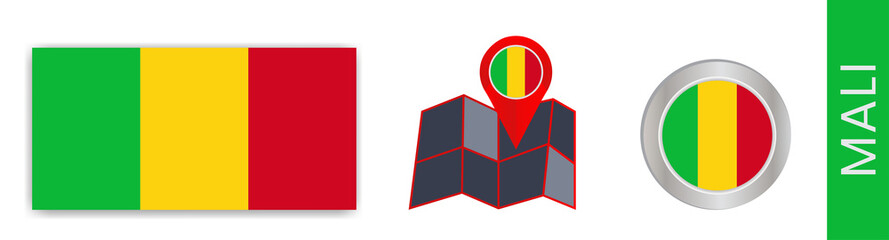 Collection of Mali national flags isolated in official colors and Mali map icons with country flags.