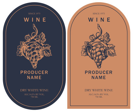 Set of two vector wine labels with hand-drawn bunch of grapes and calligraphic inscription in retro style in black and orange colors.