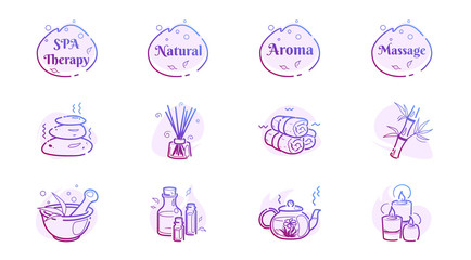 Line massage wellness icons set of spa stones, aroma oil, tea, bamboo, mortar and pestle. Relaxation therapy concept with logo design. Alternative oriental zen. Vector logo pictogram drawing isolated