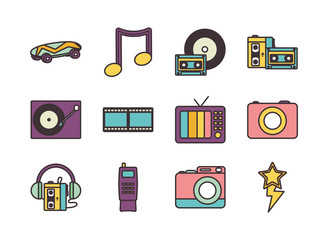 retro line fill style icon set vector design