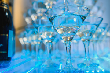 pyramid of champagne glasses at the wedding