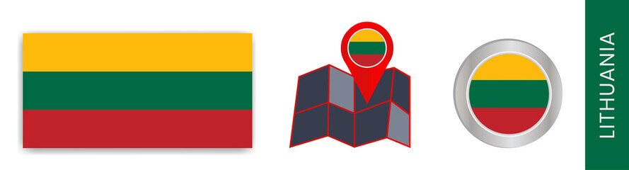 Collection of isolated national flags of Lithuania in official colors and map icons of Lithuania with country flags.