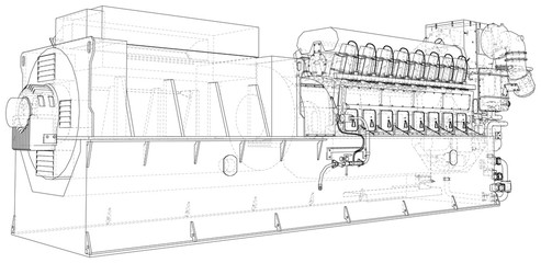 Generator. Diesel and gas industrial electric generator. The layers of visible and invisible lines are separated. Wire-frame outline.