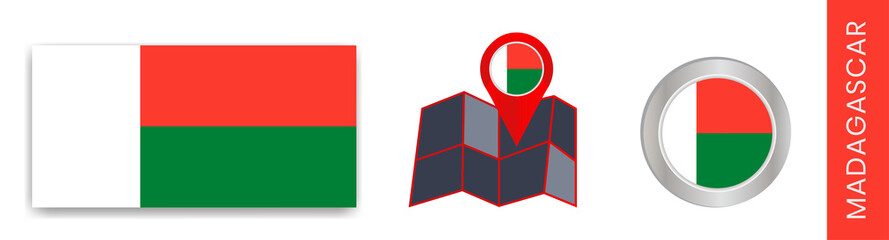 Fototapeta premium Madagascar's national flag collection is isolated in official colors and a map icon of Madagascar with a country flag.