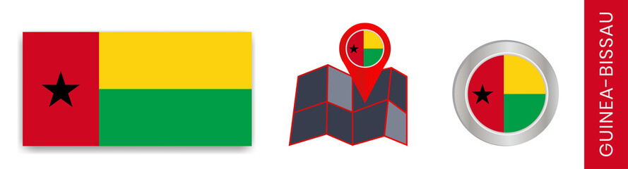 Obraz premium The collection of Guinea-Bissau national flags isolated in official colors and a map icon of Guinea-Bissau with country flags.