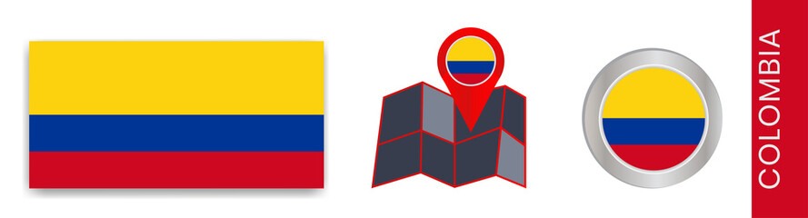 Collection of national flags of Colombia isolated in official colors and map icons of Colombia with country flags.