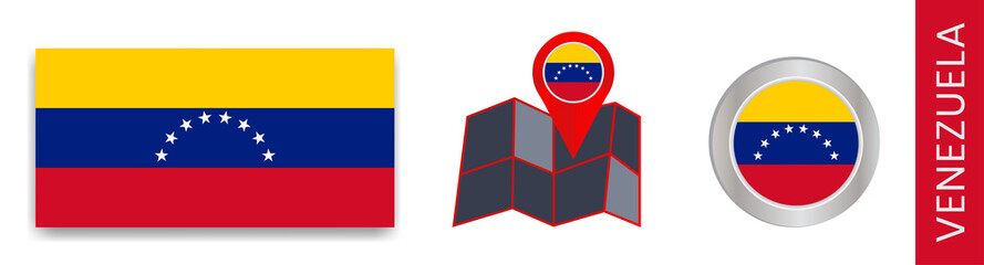 Collection of national flags of Venezuela isolated in official colors and map icons of Venezuela with country flags.