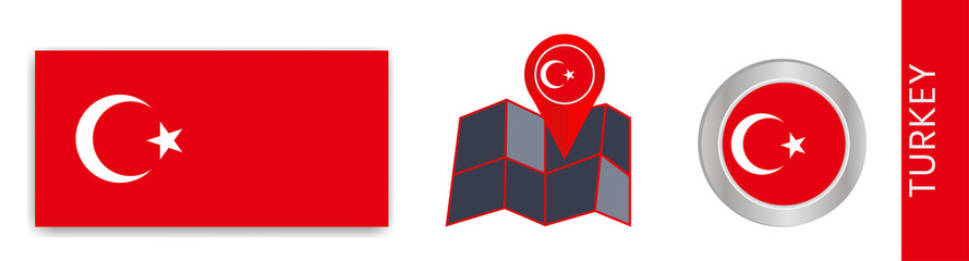 Collection of Turkish national flags isolated in official colors and map icons of Turkey with country flags.