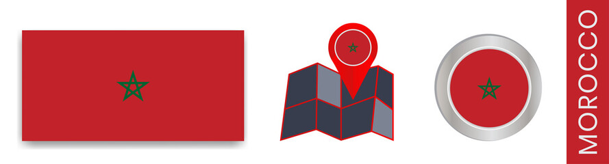 Collection of Moroccan flags isolated in official colors and map icons of Morocco with country flags.