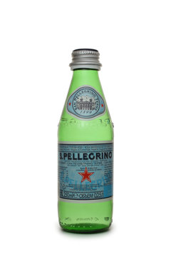 ST. PETERSBURG, RUSSIA - FEBRUARY 27, 2020: Bottle of San Pellegrino Terme, Natural Mineral Water, Italy