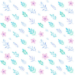 Spring seamless pattern of flowers and leaves in watercolor, greetings card, isolated on white, pastel colors