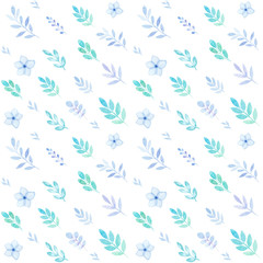 Spring seamless pattern of flowers and leaves in watercolor, greetings card, isolated on white, pastel colors