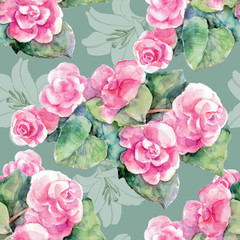 Seamless pattern with pink roses and lily.
