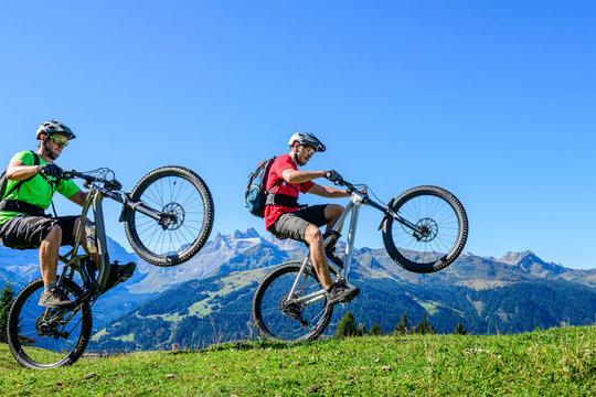 Wheelie synchron vor herrlicher Alpen-Kulisse
