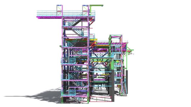 Circular flight of a BIM model of an industrial building made of metal structures made by structural engineers. Development of detailed drawings of metal structures.