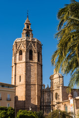 Fototapeta na wymiar Valencia - Plaza de la Reina and the Cathedral of Valencia with its Bell Tower Micalet