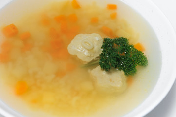 Bean soup with meatballs, vegetables and dill