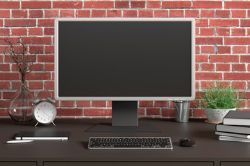 Workspace with blank computer monitor black screen mock up on the black desk near red brick wall. 3d illustration
