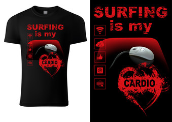 Black T-shirt Design for Internet Enthusiasts with Computer Mouse and Red Inscriptions and Graphic Design Elements, Vector Illustration