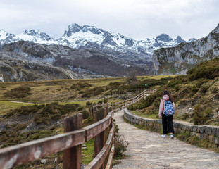young woman walking on a pathway to some beautiful snowed mountains on a really green landscape