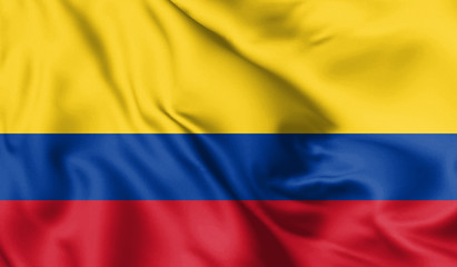 Obraz premium Colombia flag blowing in the wind. Background silk texture. 3d illustration.