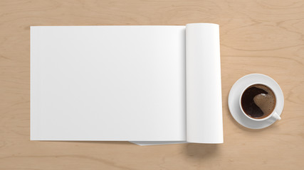 Obraz na płótnie Canvas Blank horizontal left magazine page. Workspace with folded magazine mock up on wooden desk with cup of coffee. View above. 3d illustration