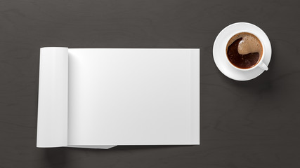 Blank horizontal right magazine page. Workspace with folded magazine mock up on black desk with cup of coffee. View above. 3d illustration