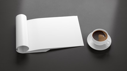 Blank horizontal right magazine page. Workspace with folded magazine mock up on black desk with cup of coffee. Side view. 3d illustration