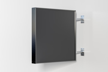 Square singboard or signage isolated on the white wall with blank black sign mock up. Side view. 3d illustration