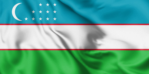 Uzbekistan flag blowing in the wind. Background silk texture. 3d illustration.