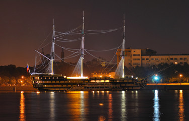 St. Petersburg, Russia - June 28, 2017: Panoramic view of the Restaurant - Frigate from the Neva River in St. Petersburg