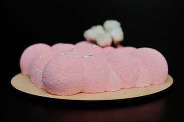 Biscuit Gioconda (based on almond flour), raspberry mousse, white chocolate-based mousse-solid tenderness and lightness