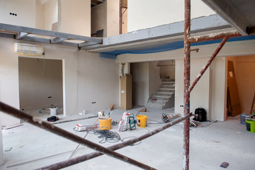 interior of construction site with scaffolding