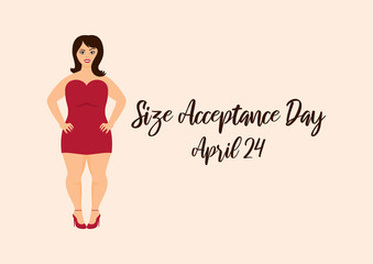 Size Acceptance Day vector. International No Diet Day. Curvy woman vector. Cheerful large woman illustration. Happy plus size fashion model in a red dress vector. Attractive girl in high heels