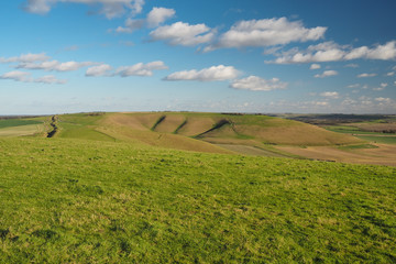 Fototapeta na wymiar View to Milk Hill, the highest point in Wiltshire, and across the Vale of Pewsey and Salisbury Plain, from the top of Tan Hill, with blue sky and white clouds, North Wessex Downs, UK