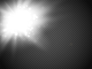 White glowing light burst explosion with transparent. Vector illustration for cool effect decoration with ray sparkles. Bright star. Transparent shine gradient glitter, bright flare. Glare texture.
