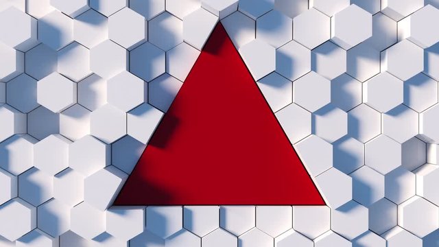 Abstract 3D animation with white hexagons on background with copy space triangle in center. Top view seamless loop footage.
