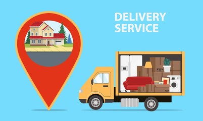 Truck is transporting things to the large Map location icon with a house inside. Delivery service. Concept for transport company for relocation. Vector illustration in flat style.