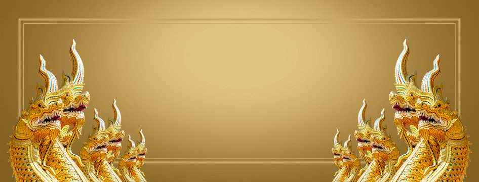 Horizontal gold background Decorated with double-sided naga. Naga is a mythical creature of the country. In Southeast Asia such as Thailand, Laos, Cambodia, Myanmar, Vietnam. Include clipping path.