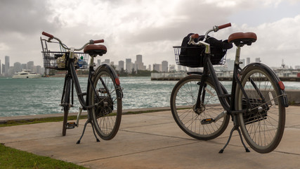 Obraz premium Two bicycles on the South Pointe in Miami beach in Florida