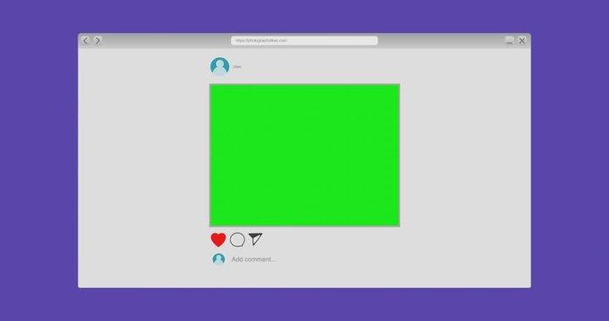 Clicking on the exploding heart on the photo community page - green screen, photo on socialmedia page concept, mockup