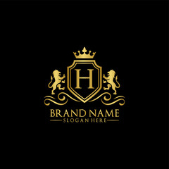 Lion Logo with Letter in Royal Shield Vector Logo