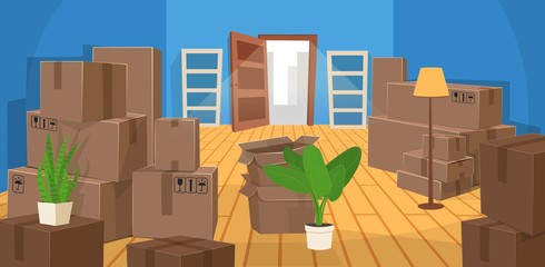 House moving concept. Room with many boxes open door and empty shelves.